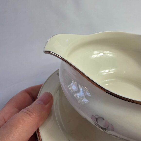 Manor House Spring Glory Gravy Boat & Underplate Pink & White Floral Gray Leaves - Picture 10 of 16
